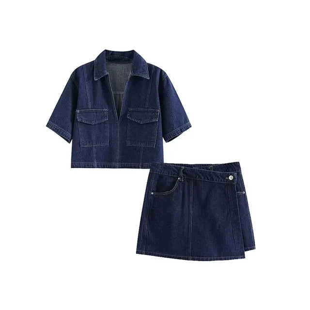 Jeans-Co-ord-Set für Damen mit kurzem Top und asymmetrischem Rock Stil