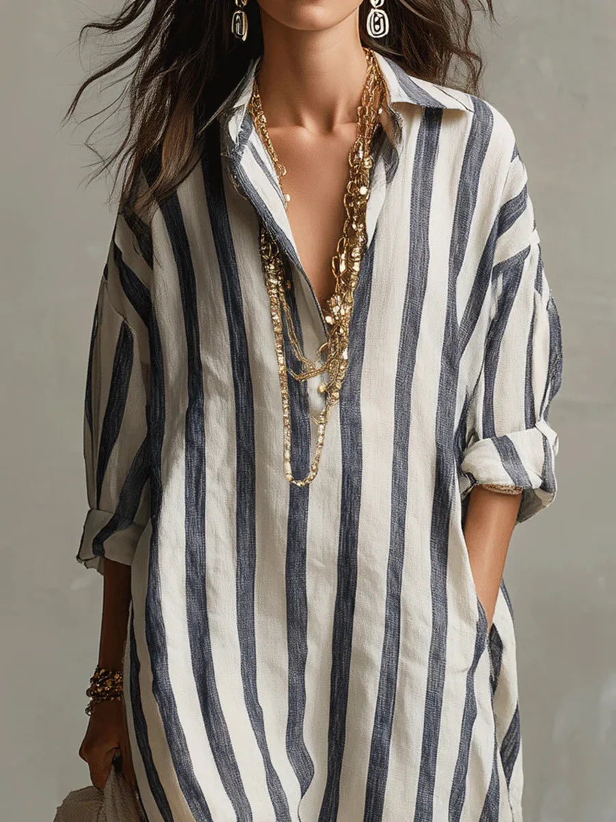 Women's Striped Collared Maxi Shirt Dress