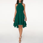 Women's Layered Halterneck Dress with Flowing Chiffon Skirt for Elegance