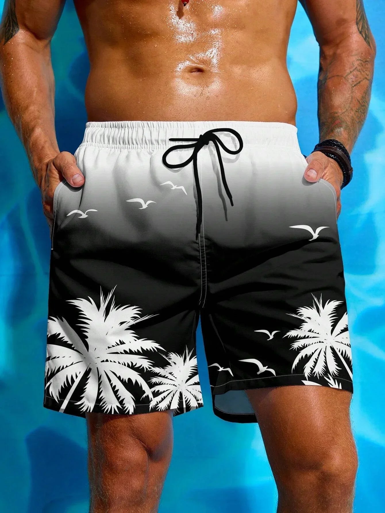 Men's Quick-Dry Swim Shorts with Palm Print and Drawstring Waist for Beach and Pool Days