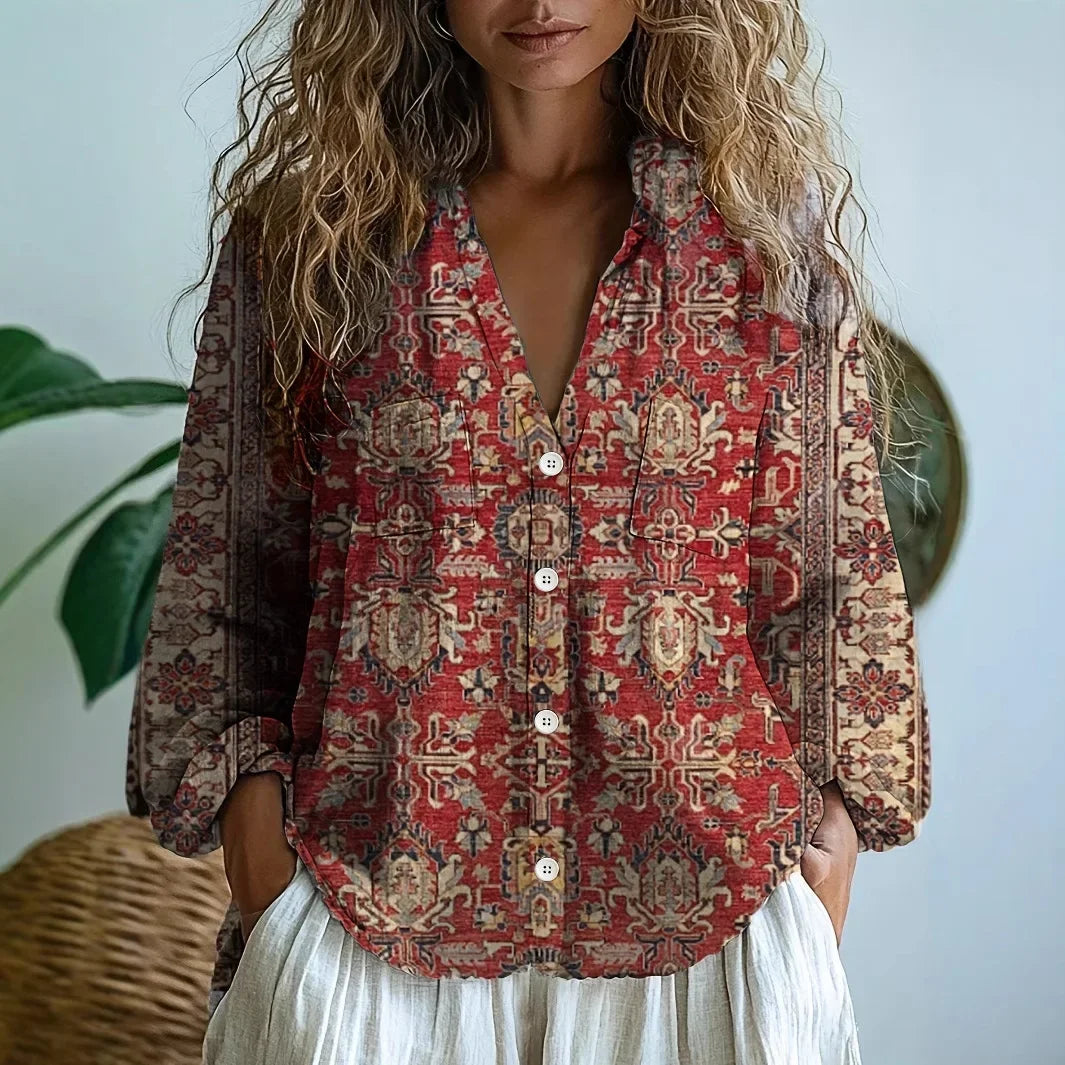 Women's Botanical Print Blouse with Decorative Contrast Trim