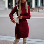 Women's Cable Knit Sweater Dress with Turtleneck and Long Sleeves