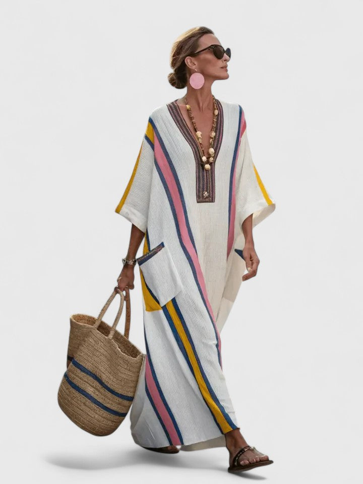 Women's Bohemian Maxi Dress with V-Neck and Patch Pocket Detail