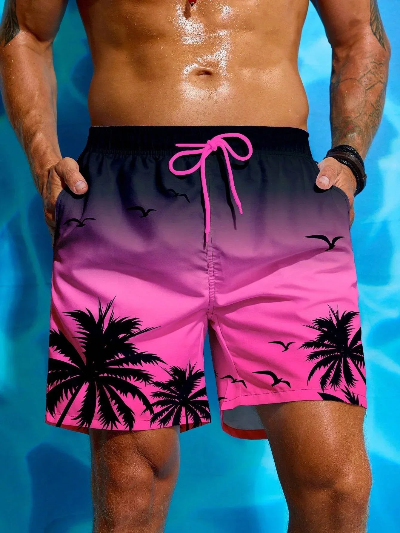 Men's Quick-Dry Swim Shorts with Palm Print and Drawstring Waist for Beach and Pool Days