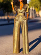 Damen Jumpsuit mit weitem Bein, V-Ausschnitt und eleganter, fließender Passform