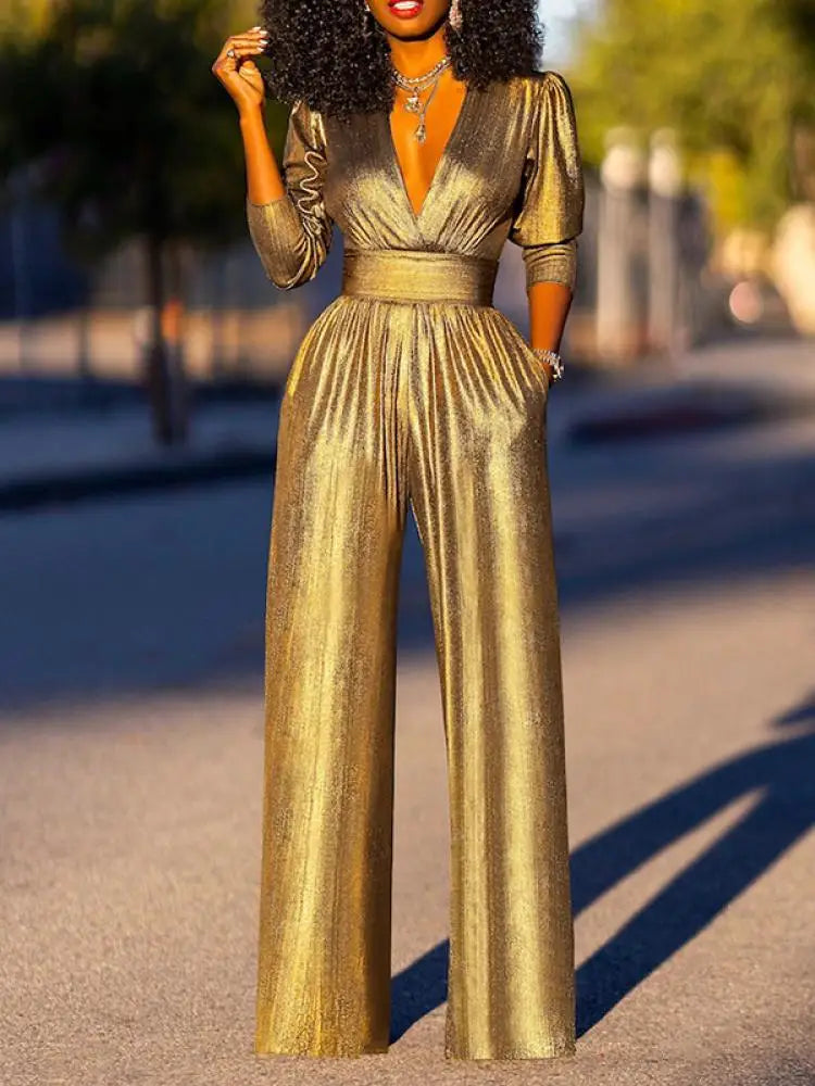 Damen Jumpsuit mit weitem Bein, V-Ausschnitt und eleganter, fließender Passform
