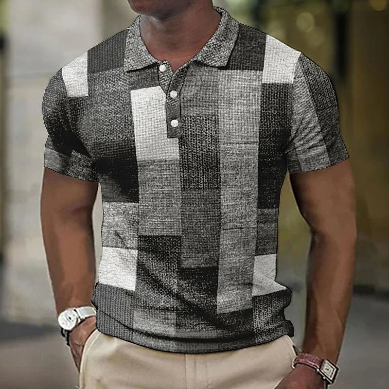 Men's Vintage Patchwork Print Short Sleeve Casual Polo Shirt
