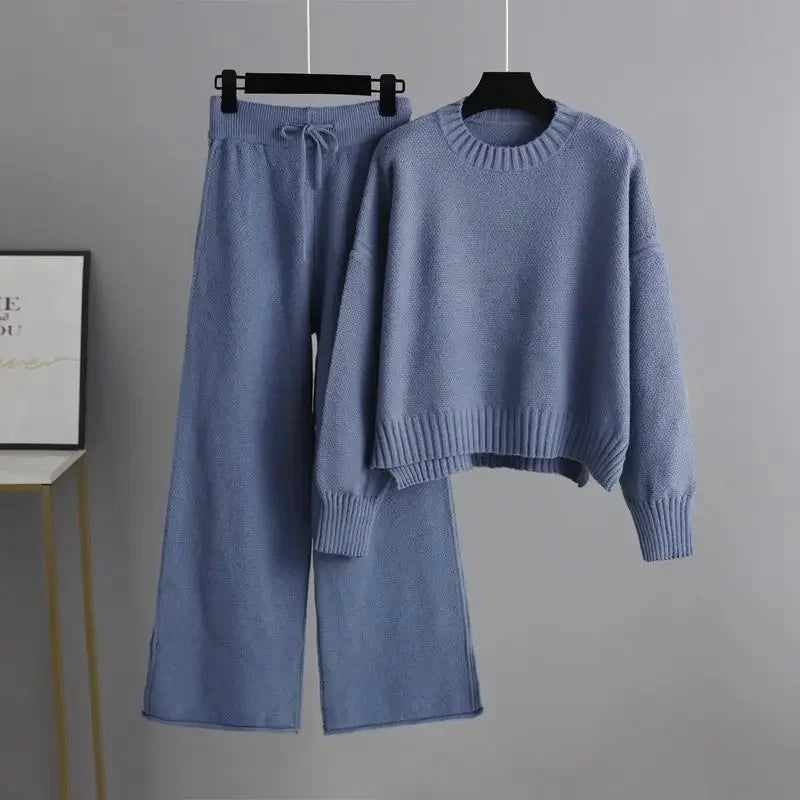 Women's Two-Piece Knit Sweater and Wide-Leg Trousers Set