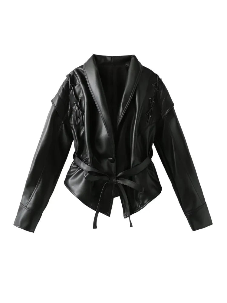 Veste portefeuille pour femme en similicuir avec lien à nouer à la taille