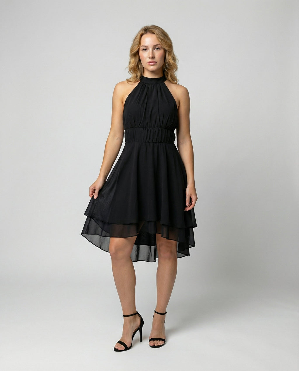 Women's Layered Halterneck Dress with Flowing Chiffon Skirt for Elegance