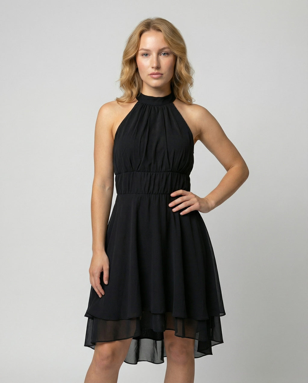 Women's Layered Halterneck Dress with Flowing Chiffon Skirt for Elegance