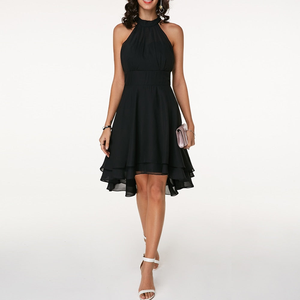 Women's Halter Neck Dress with Layered Hem and Flowy Lightweight Silhouette