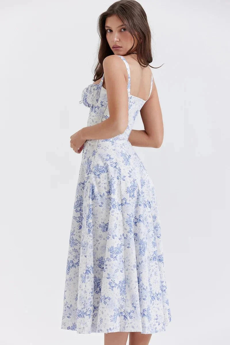 Damen-Midikleid mit Blumenmuster, Korsettoberteil, Seitenschlitz und ausgestelltem Rock