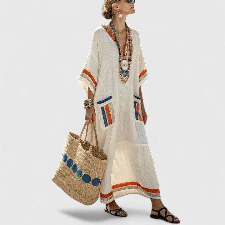 Women's Bohemian Maxi Dress with Woven Stripe Detail and Relaxed Flowing Fit