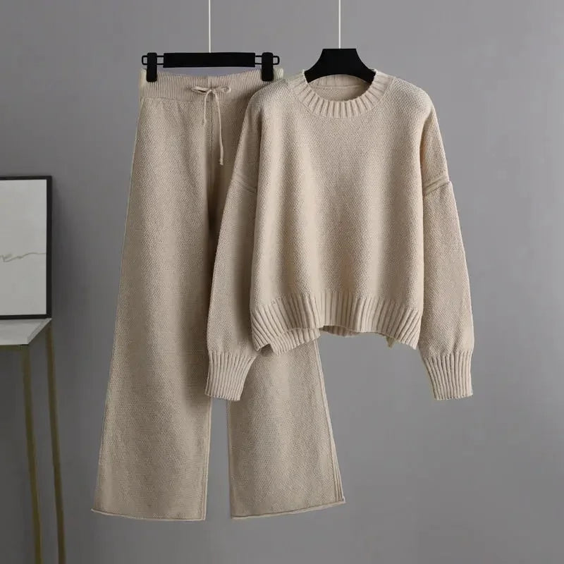 Women's Two-Piece Knit Sweater and Wide-Leg Trousers Set