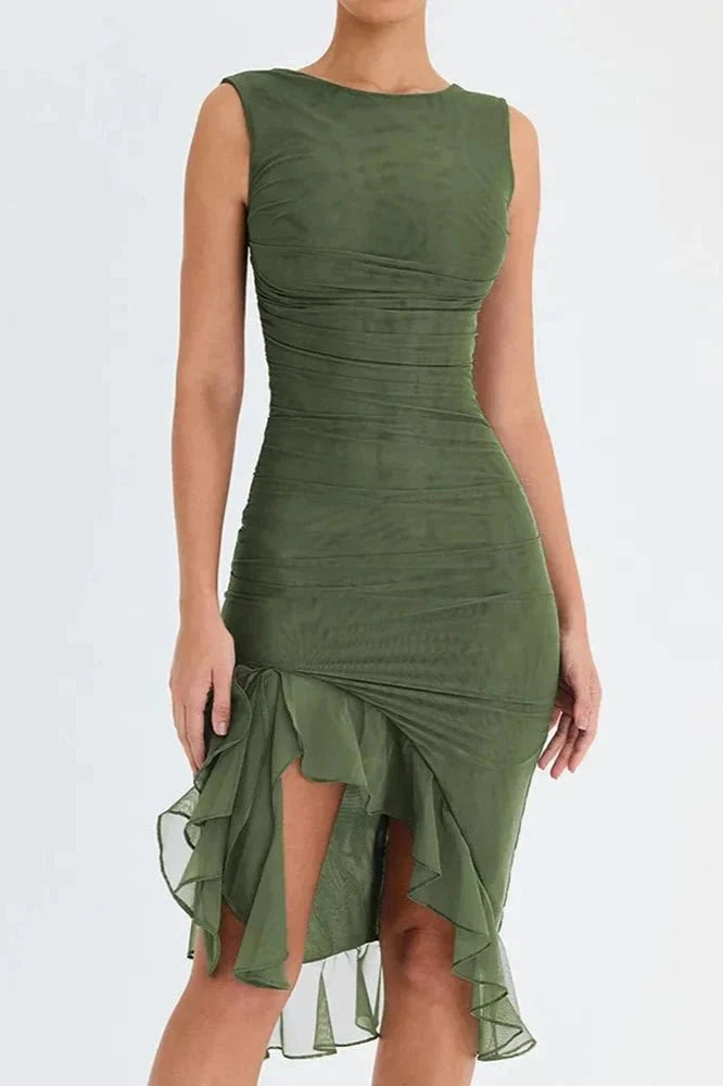 Women's Ruched Midi Dress with Ruffle Hem and Sleeveless Fitted Design