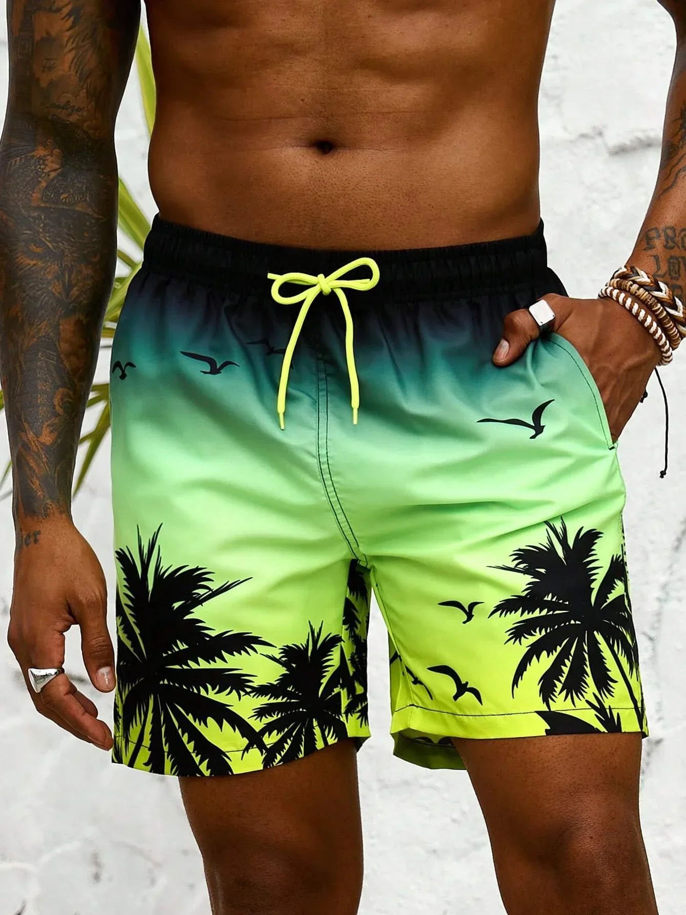 Men's Quick-Dry Swim Shorts with Palm Print and Drawstring Waist for Beach and Pool Days