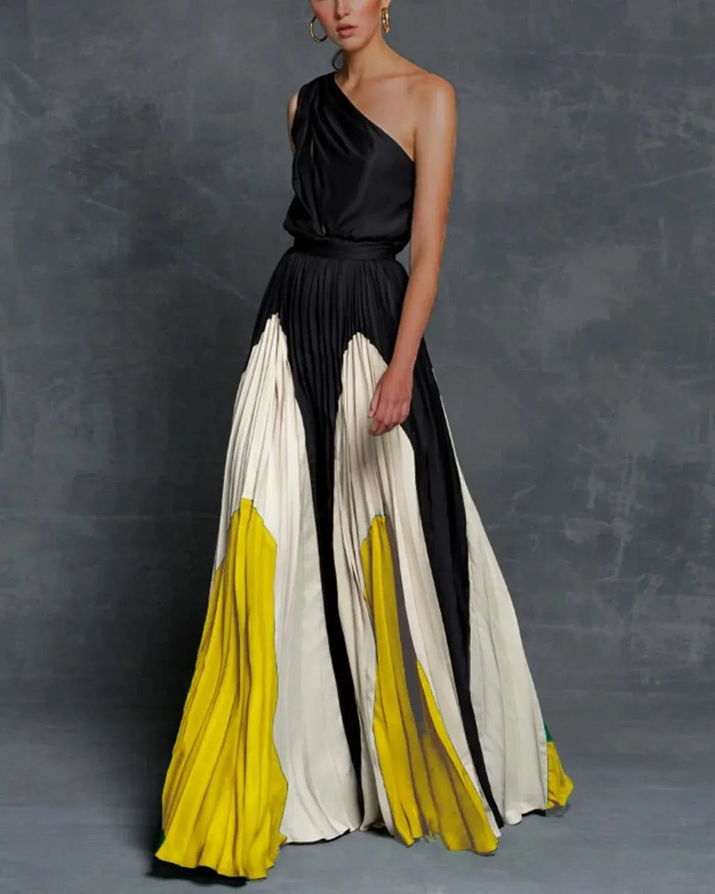Damen einseitiges Maxikleid mit plissiertem Rock und Colour-Block-Design