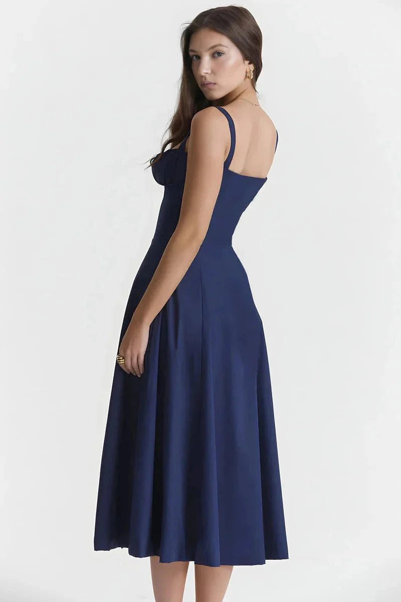 Damen-Midikleid mit Blumenmuster, Korsettoberteil, Seitenschlitz und ausgestelltem Rock