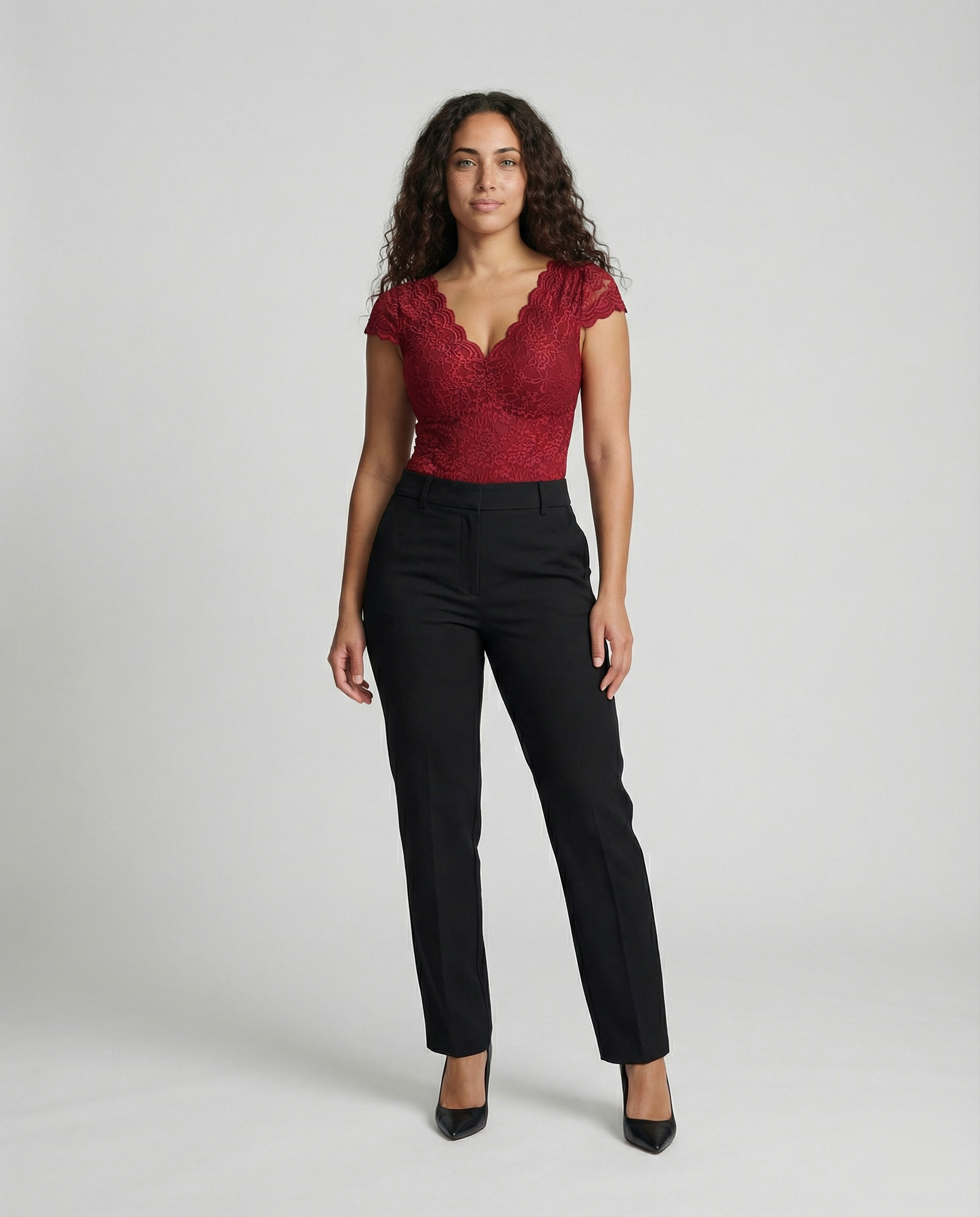 Women Lace Bodysuit with V-Neck and Fitted Short Sleeve Design