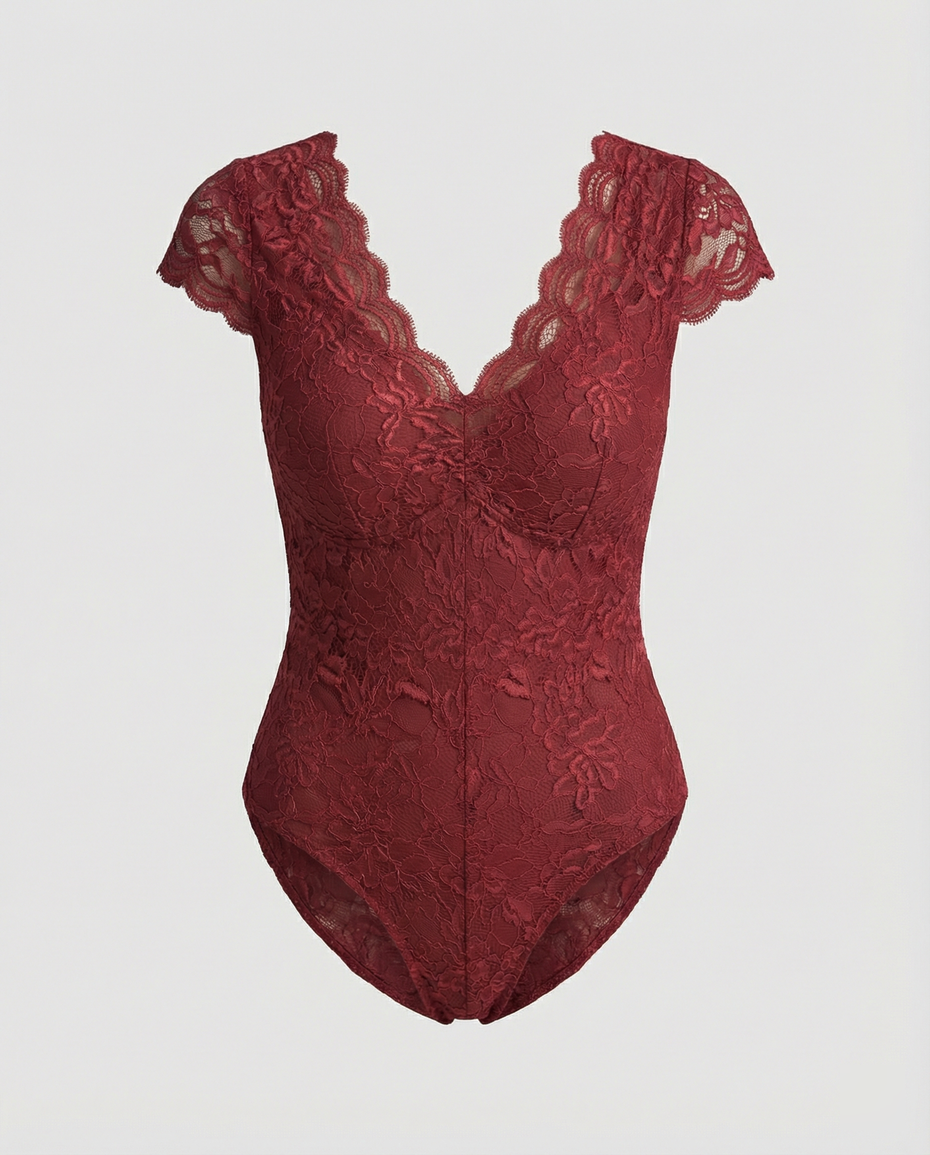 Women Lace Bodysuit with V-Neck and Fitted Short Sleeve Design