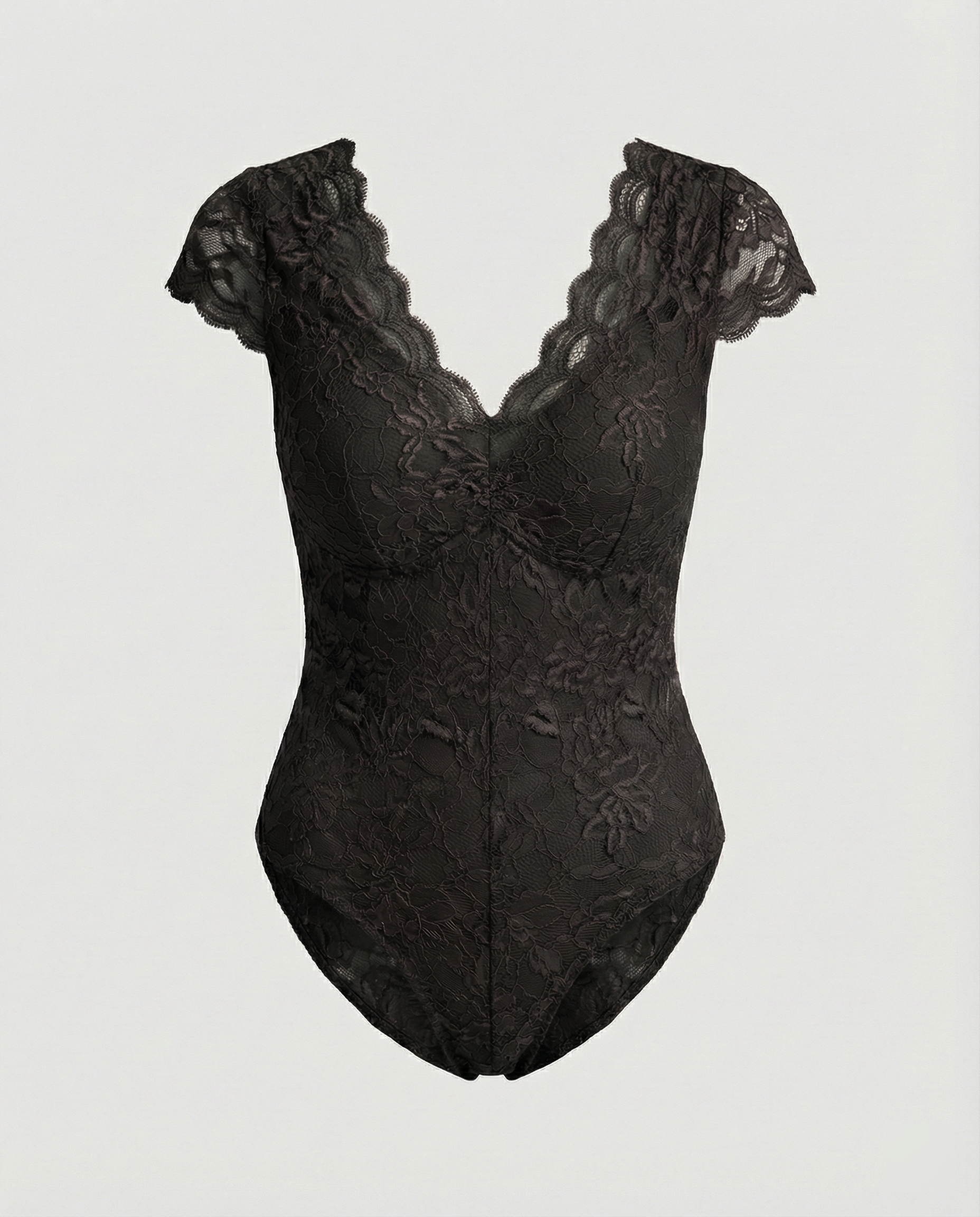 Women Lace Bodysuit with V-Neck and Fitted Short Sleeve Design