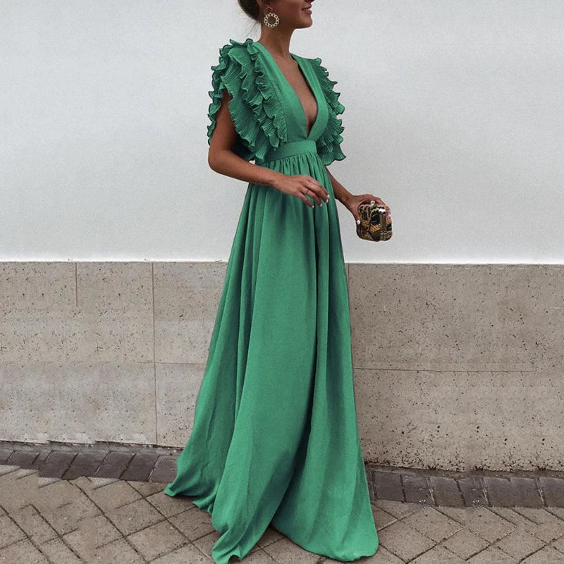 Women Maxi Dress with Ruffle Sleeves and Flattering Flowing Fit