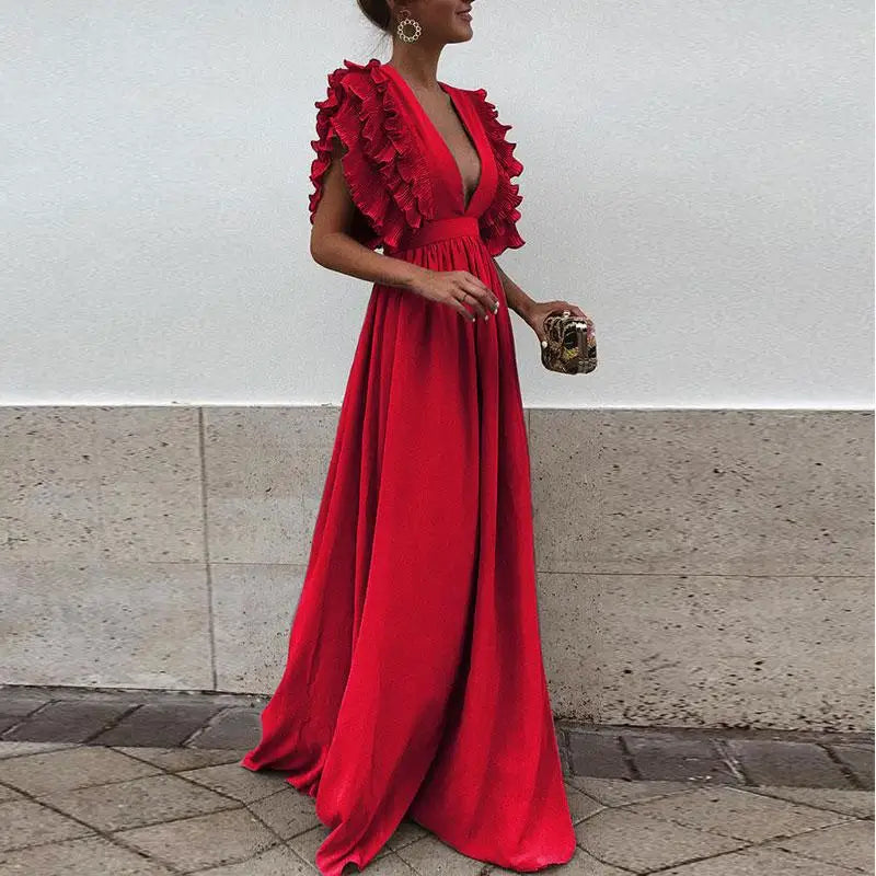 Women Maxi Dress with Ruffle Sleeves and Flattering Flowing Fit