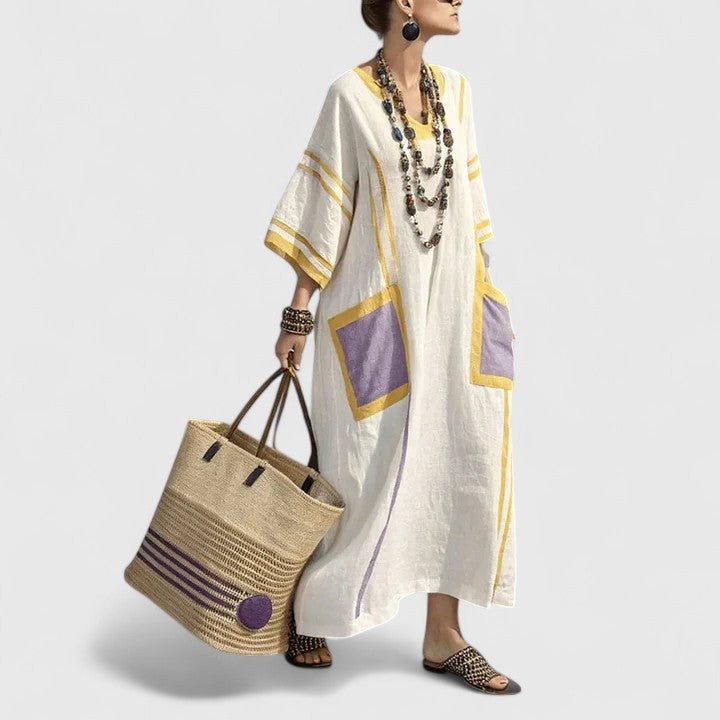 Women's Bohemian Maxi Dress with Woven Stripe Detail and Relaxed Flowing Fit