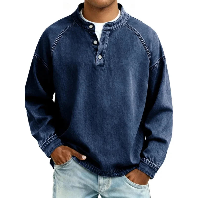Sweat-shirt Henley à manches longues pour homme, effet délavé, avec patte de boutonnage