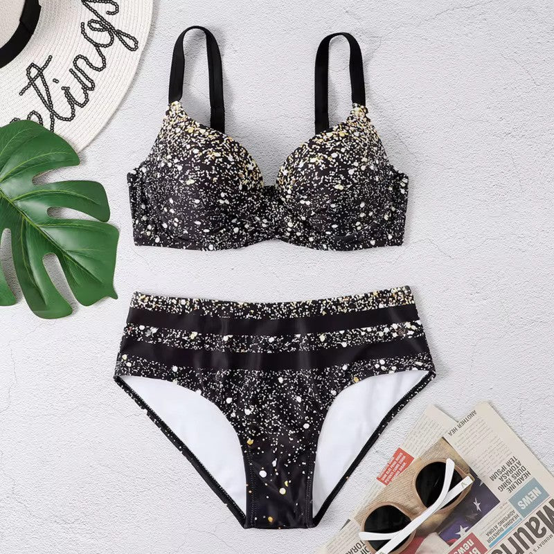 Damen Bikini-Set mit tropischem Muster und hochgeschnittenen Hosen für Strandbekleidung