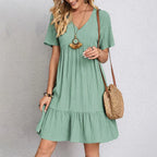 Women's Textured V-Neck Ruffle Hem Casual Mini Dress