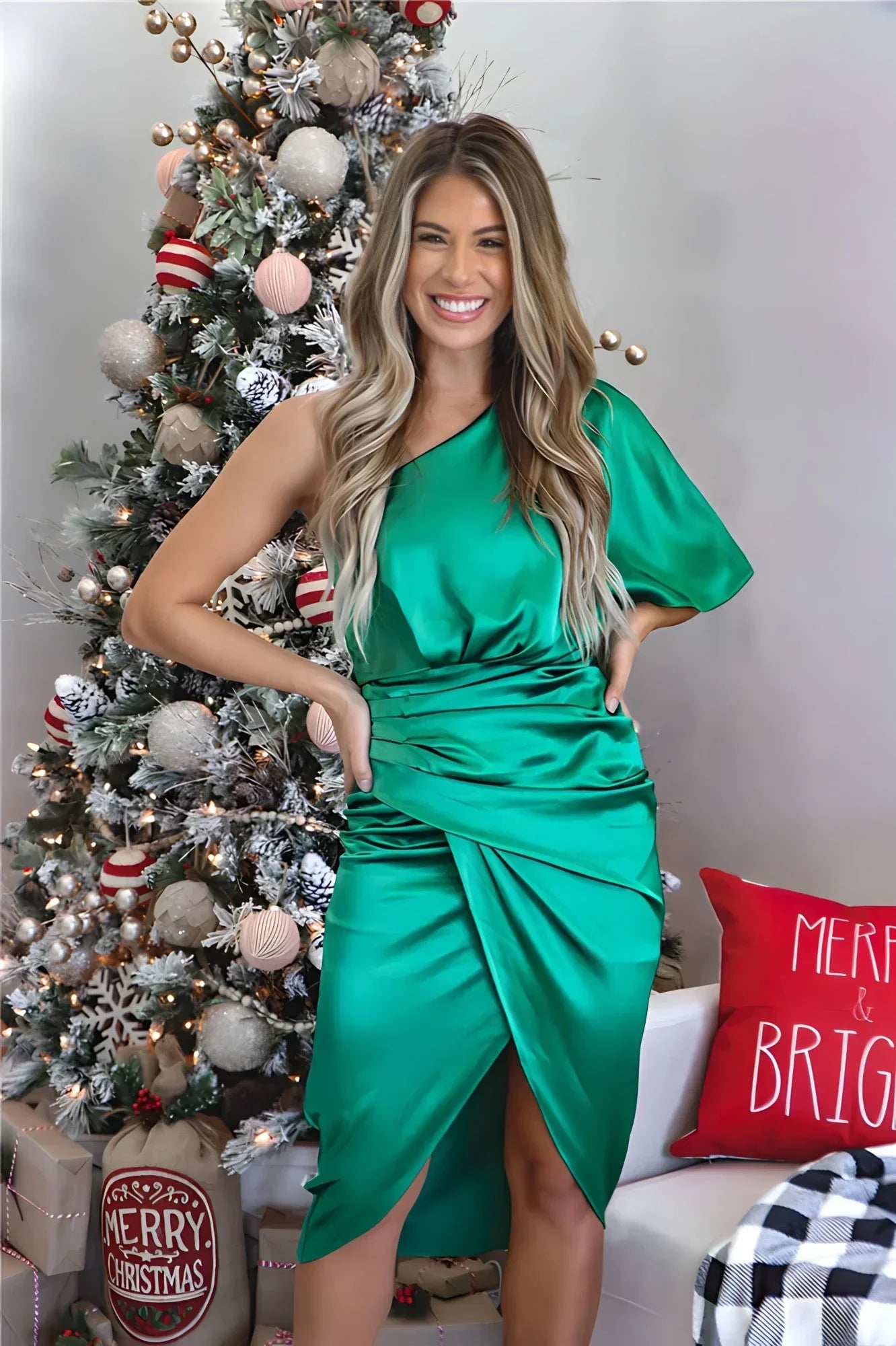 Women One-Shoulder Midi Dress with Ruched Detail and Elegant Sculpted Fit