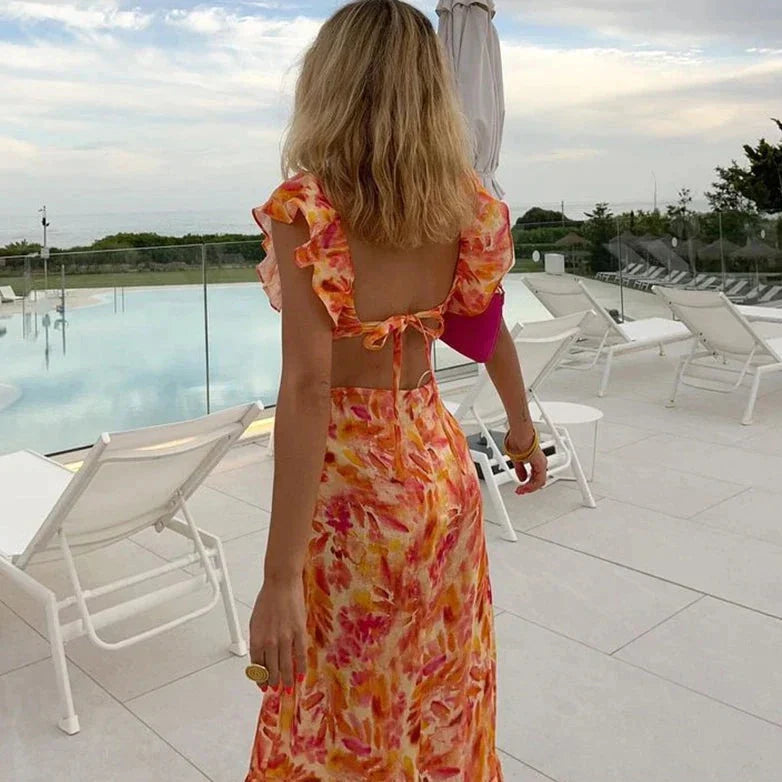 Damen Boho-Blumen-Maxikleid mit Rüschendetails und fließender Silhouette