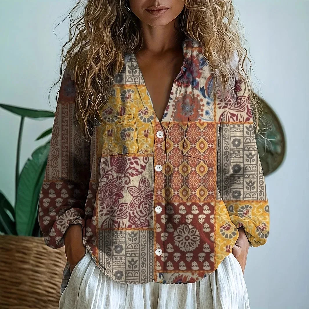 Women's Botanical Print Blouse with Decorative Contrast Trim