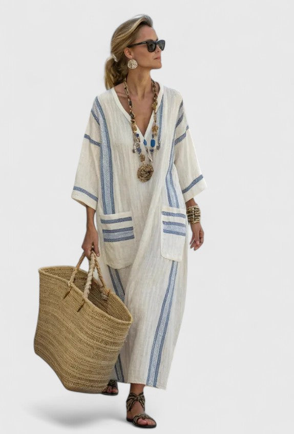 Women's Bohemian Maxi Dress with V-Neck and Patch Pocket Detail