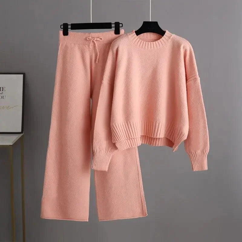 Women's Two-Piece Knit Sweater and Wide-Leg Trousers Set
