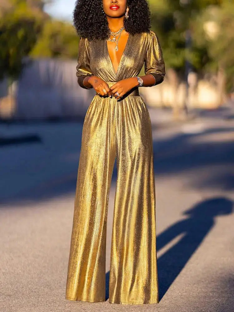 Damen Jumpsuit mit weitem Bein, V-Ausschnitt und eleganter, fließender Passform