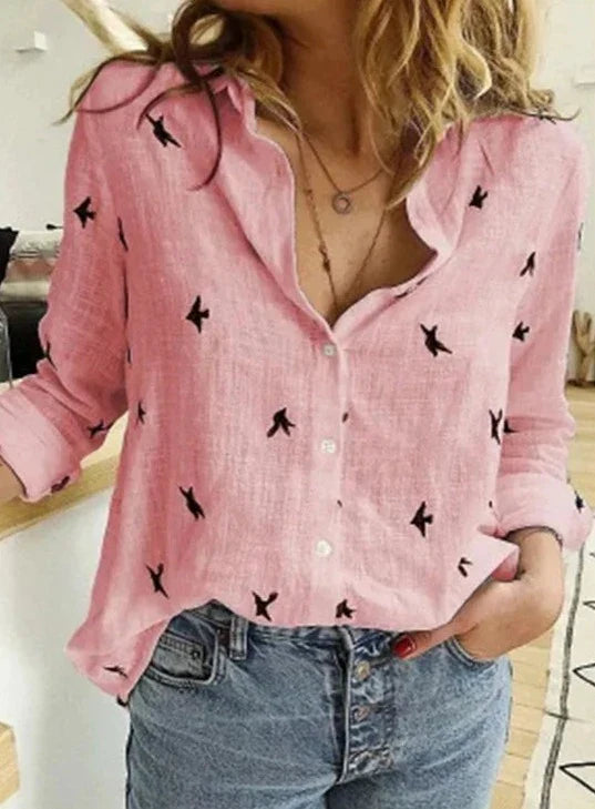 Women Lightweight Blouse with Relaxed Fit and Subtle Bird Print Design