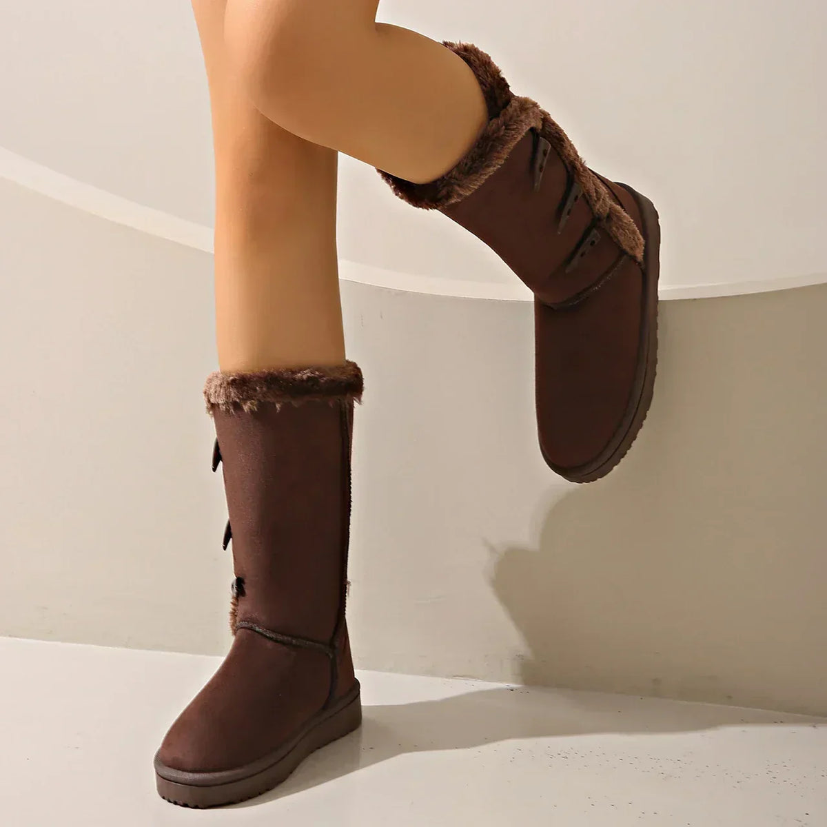 Bottes d’hiver mi-mollet pour femmes, doublées de fausse fourrure