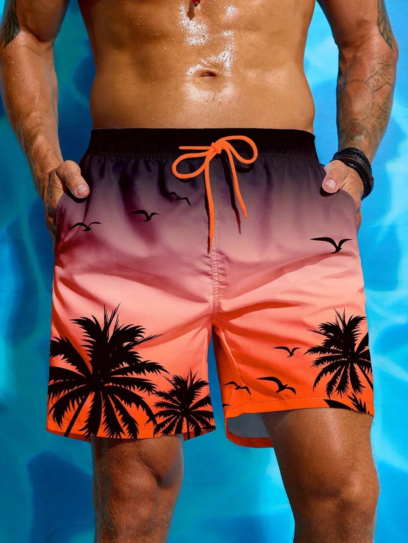 Men's Quick-Dry Swim Shorts with Palm Print and Drawstring Waist for Beach and Pool Days