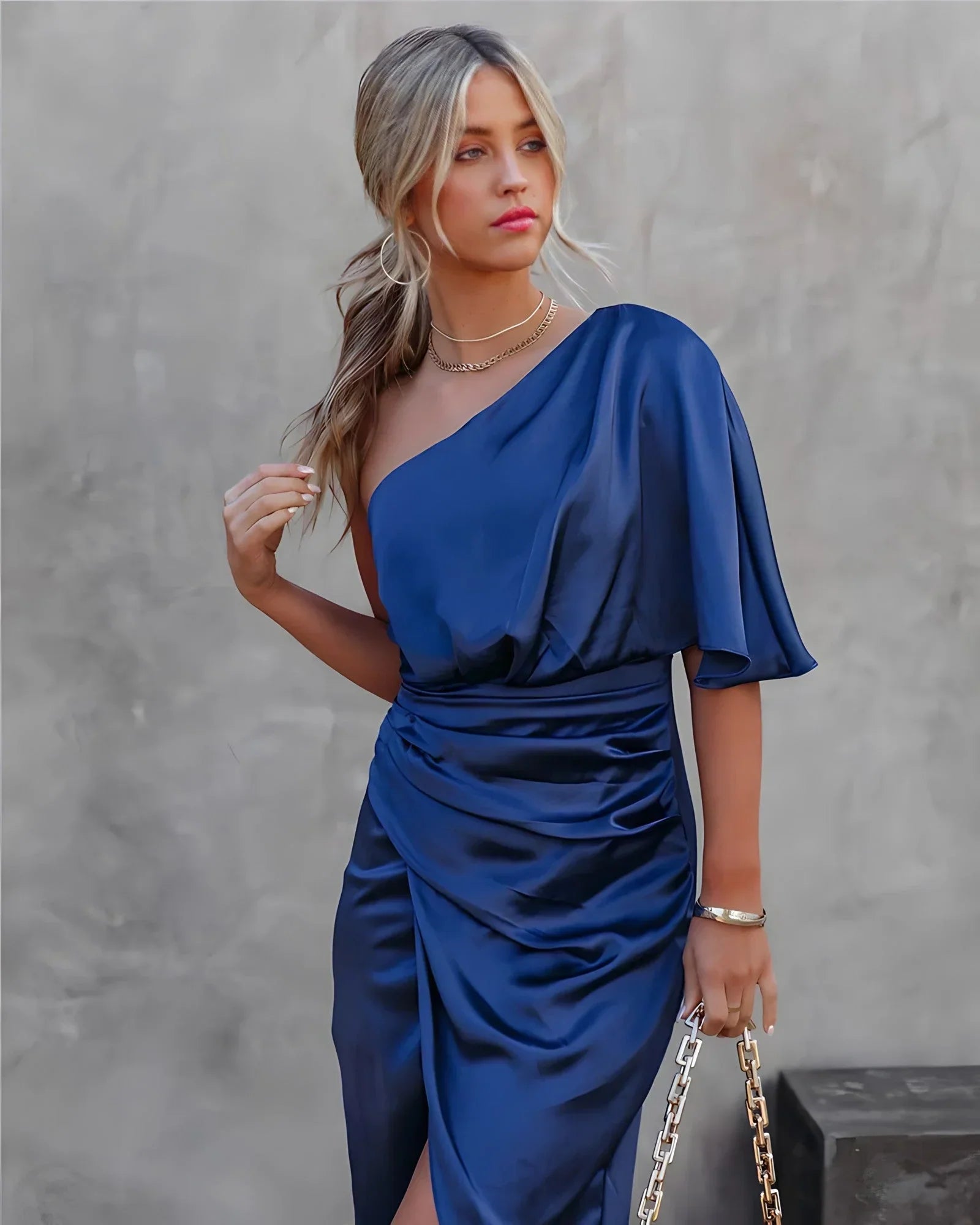 Women One-Shoulder Midi Dress with Ruched Detail and Elegant Sculpted Fit