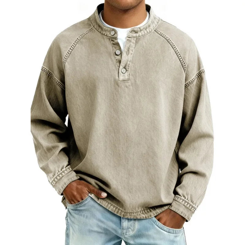 Sweat-shirt Henley à manches longues pour homme, effet délavé, avec patte de boutonnage