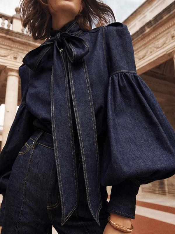 Women’s Bow Neck Statement Sleeve Denim Top