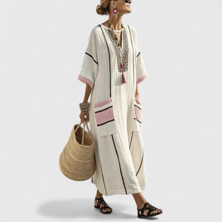 Women's Bohemian Maxi Dress with Woven Stripe Detail and Relaxed Flowing Fit