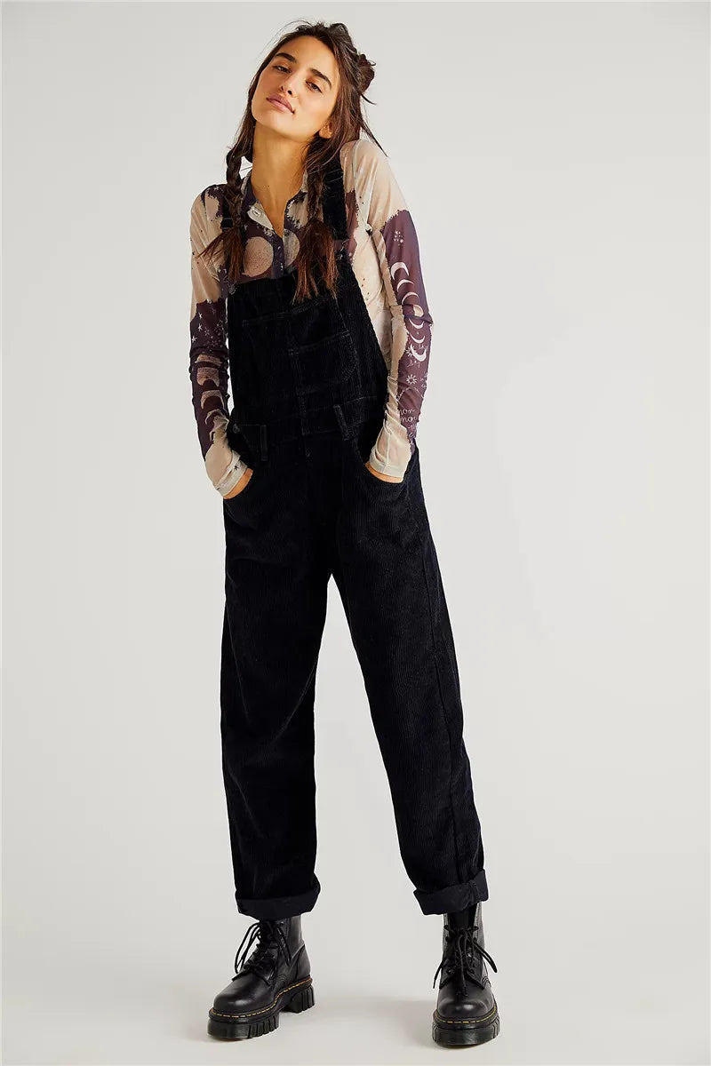 Women Corduroy Jumpsuit with Relaxed Fit and Adjustable Strap Detail