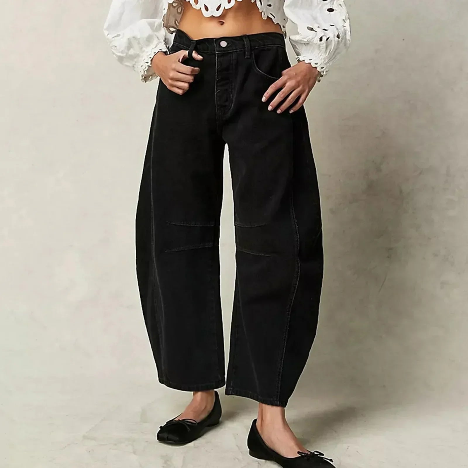 Jean en denim à taille haute, coupe décontractée et jambes larges pour femme