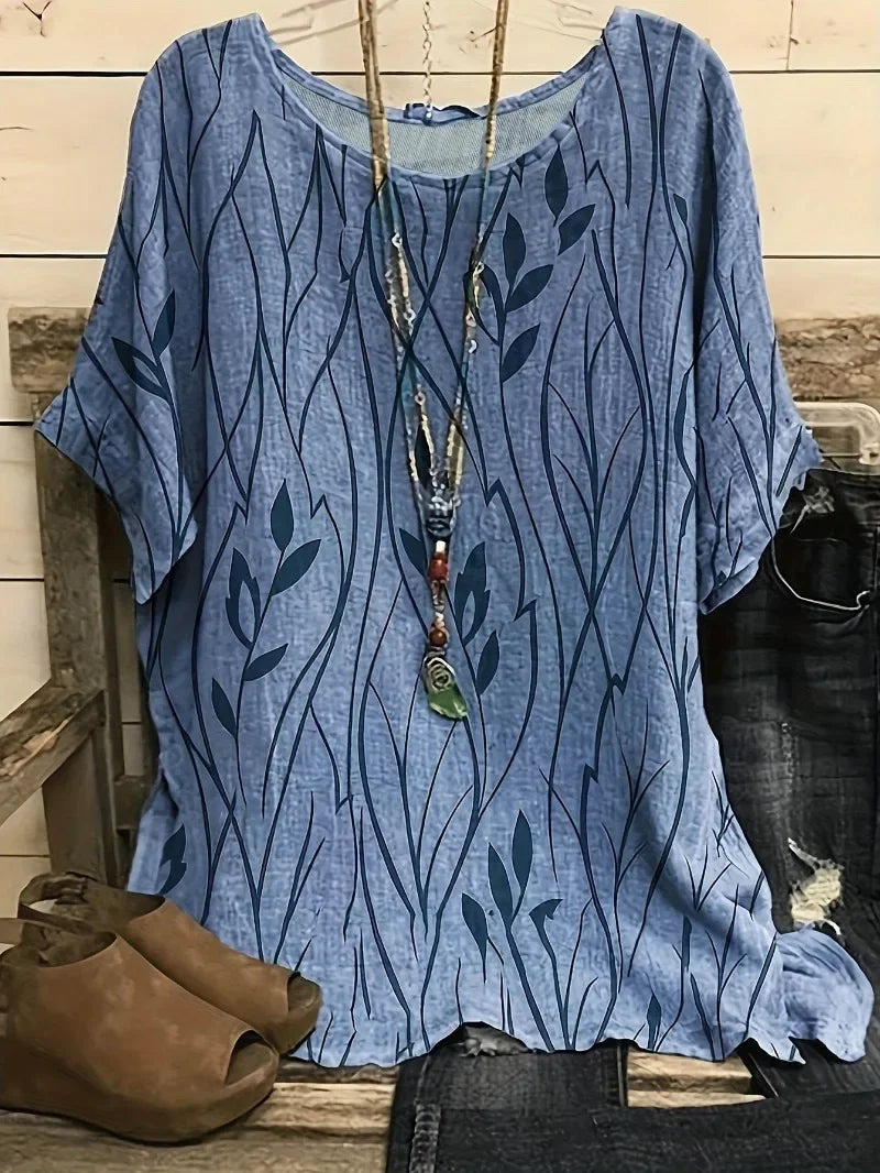 Women's Relaxed Botanical Print Top with Half Sleeves for Everyday Wear