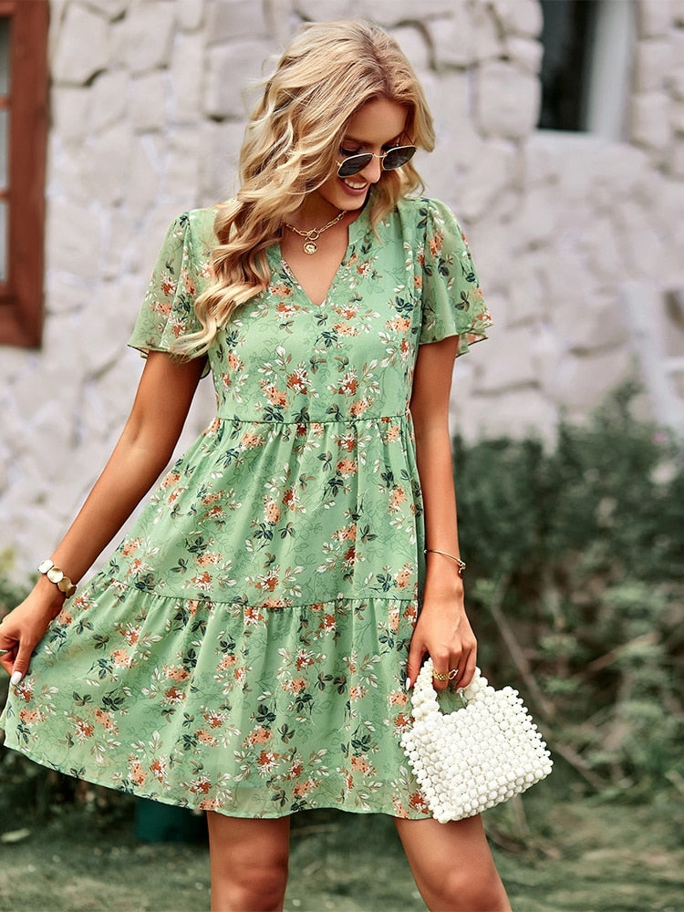 Women's Floral Short Sleeve Dress with Flowing Fit and V Neck for Everyday Elegance