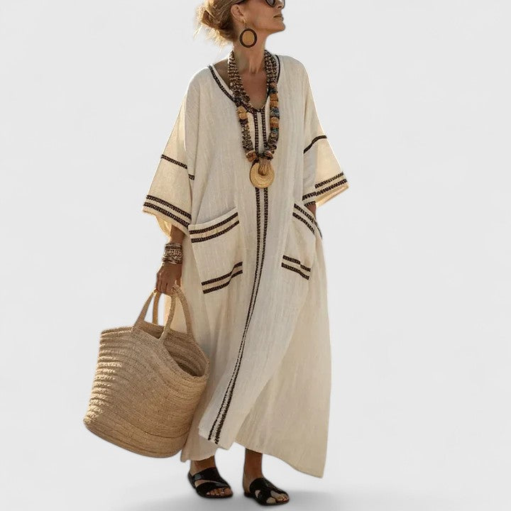 Women's Bohemian Maxi Dress with Woven Stripe Detail and Relaxed Flowing Fit